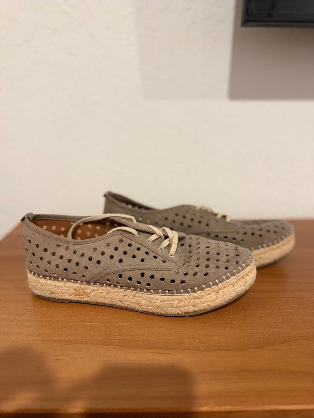 Indigo Taupe Perforated Espadrille Lace-Up Flats